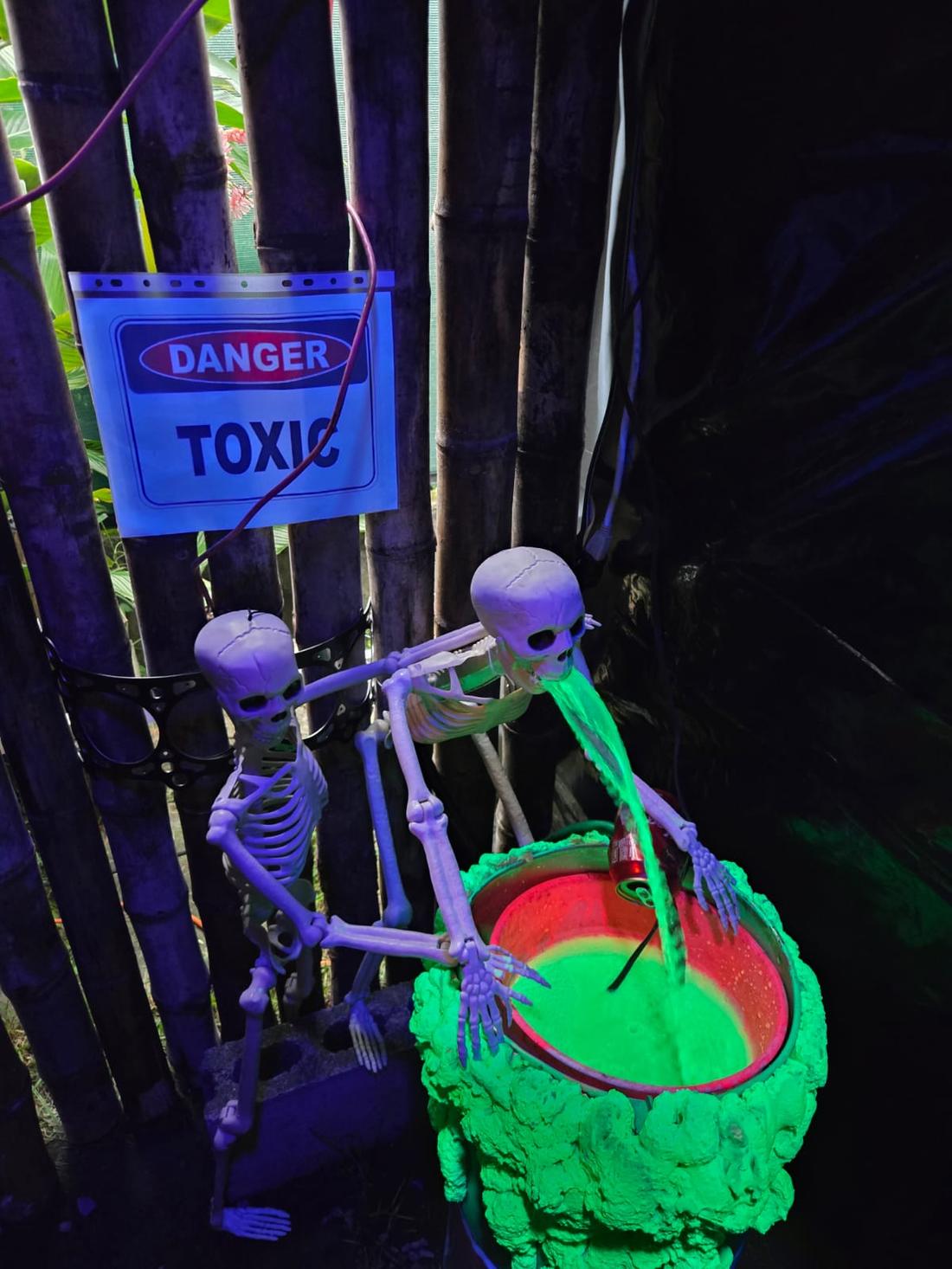 Esqueletos vomitando limo verde tóxico en la entrada de Casa del Terror